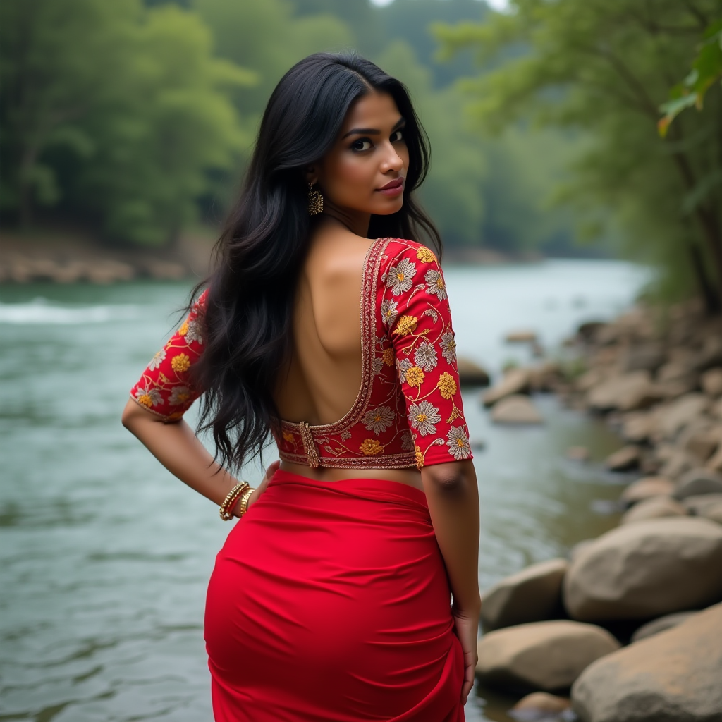 Daya Bhabhi Sex wearing red saree standing in front of the river in the jungle giving seductive look.